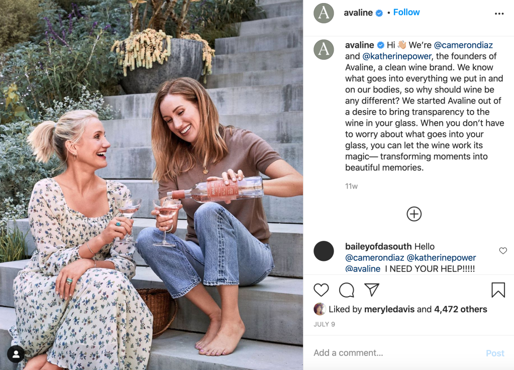 Instagram post with two women drinking wine