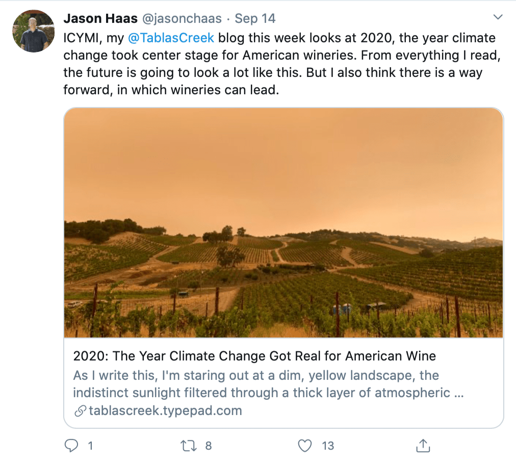 Twitter post by Jason Haas talking about California fires and climate change
