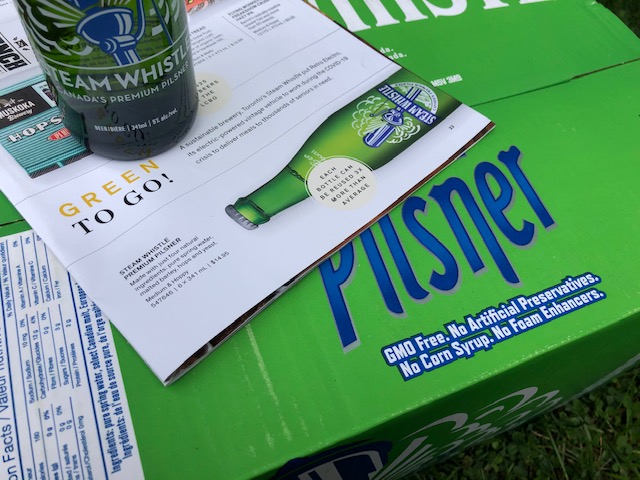 Steam Whistle bottle and case, incorporate sustainable values and ingredient information