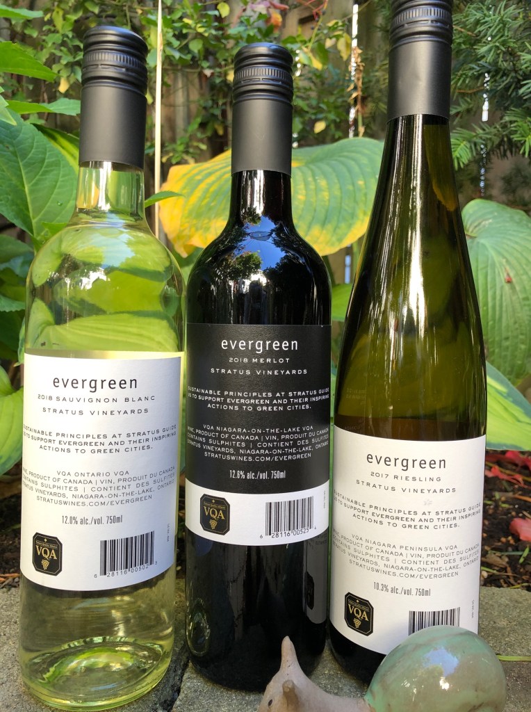 Evergreen Sauvignon Blanc and merlot and Riesling bottles with Stratus's sustainability values on back of bottles