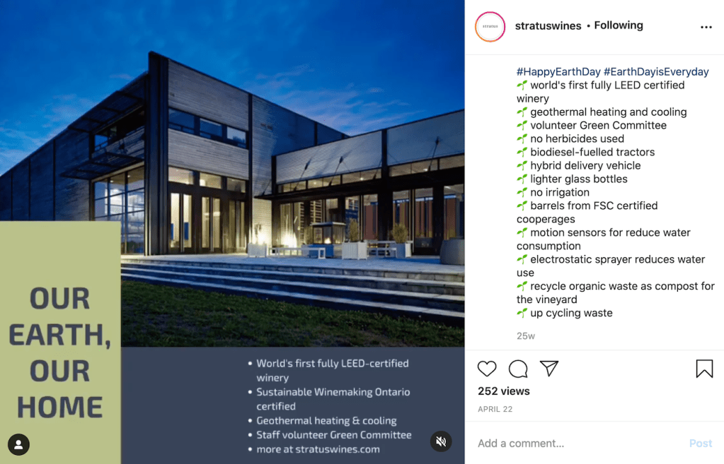 stratus winery photo celebrating earth day from Instagram with a list of all the features they offer that make them sustainable