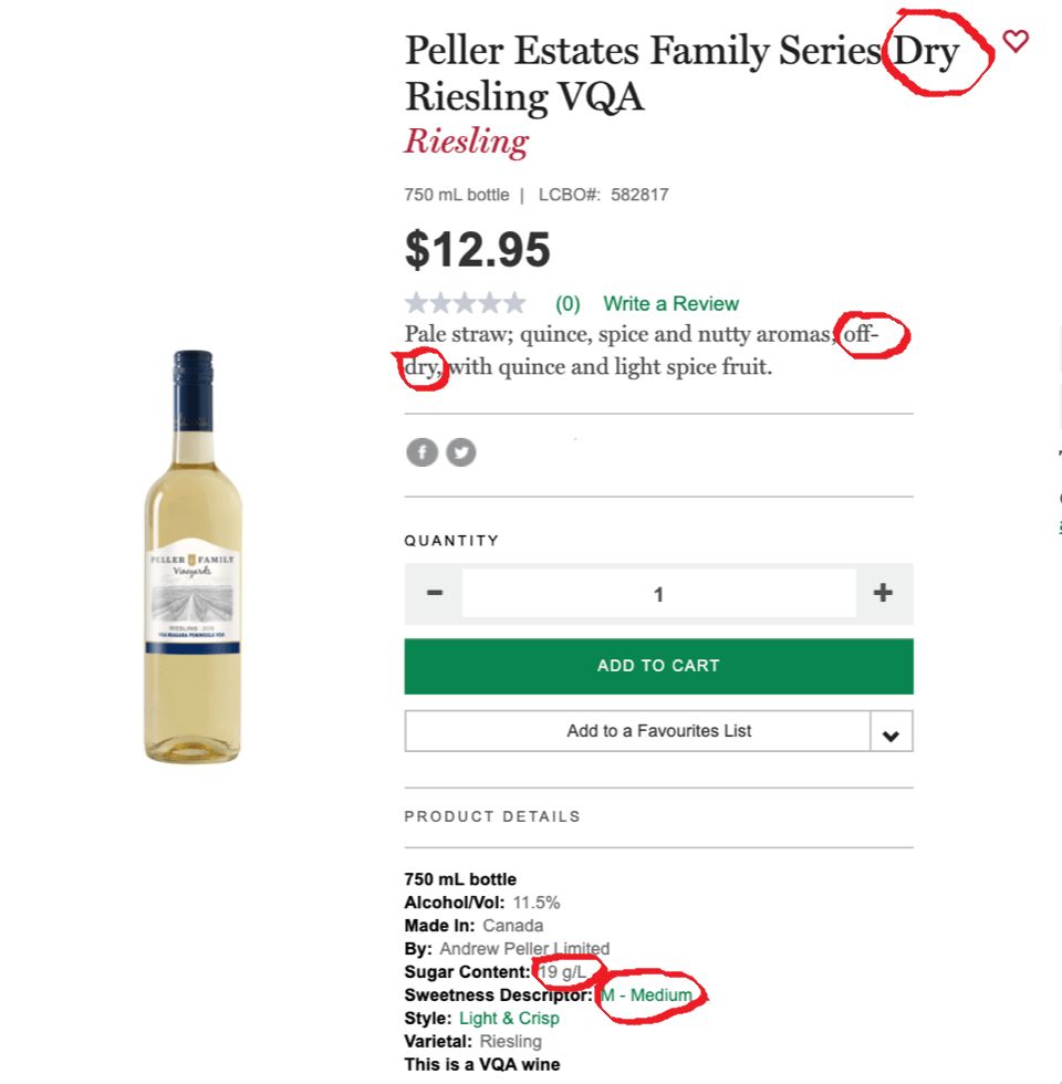 Bottle of Peller Estate wine that is labelled at 3 different levels of sweetness.