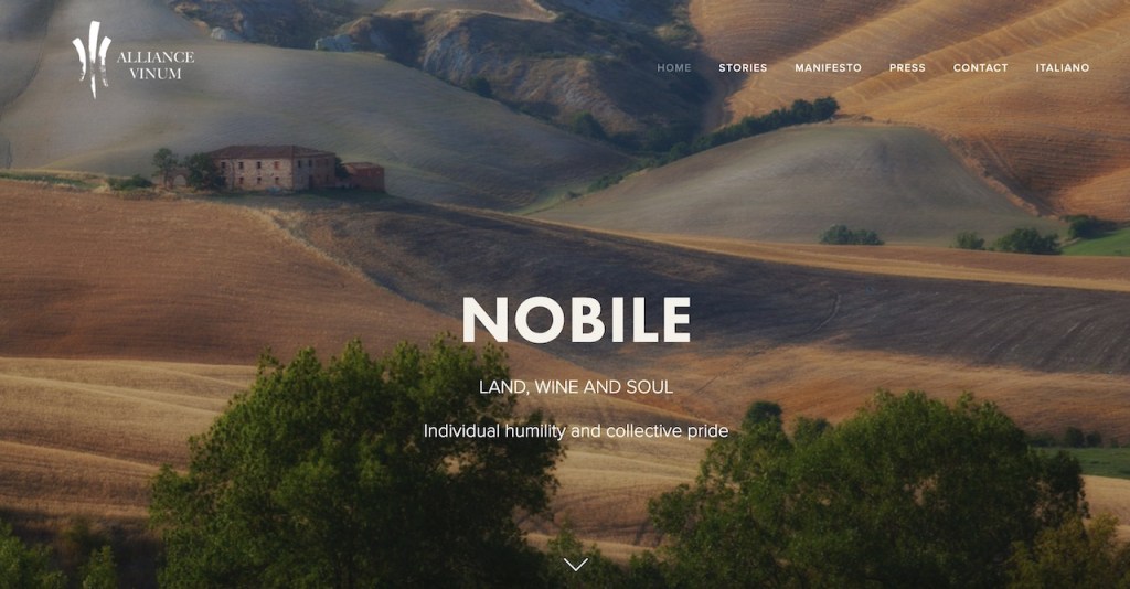 The word Nobile over top of a painted Tuscan vineyard image