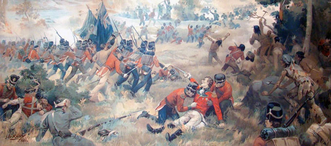 painting of the battle of Queenston Heights showing a dying Sir Isaac Brock and native allies and British soldiers and militia