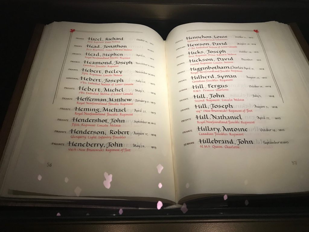 A book featuring hundreds of names of soldiers killed in war of 1812
