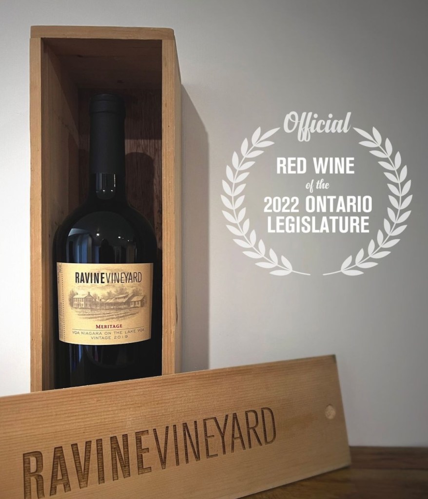 bottle of red wine from Ravine that says official wine for 2022 ontario legislature
