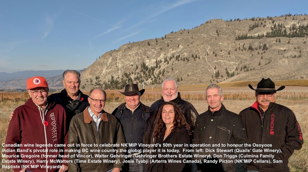 Photo of 7 men and one woman who helped support the growth of Nk'Mip vineyards on their 50th anniversary